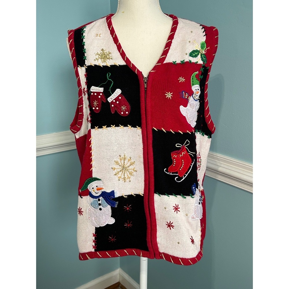 White Stag Womens Christmas Sweater Vest Red vintage Snowman Bling Grandma Sz Lg